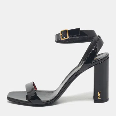 Pre-owned Saint Laurent Black Patent Leather Ankle Strap Sandals Size 40