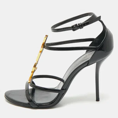 Pre-owned Saint Laurent Black Patent Leather Cassandra Ankle Strap Sandals Size 38.5