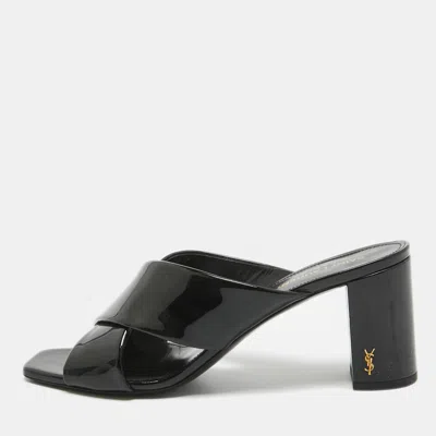 Pre-owned Saint Laurent Black Patent Leather Loulou Criss Cross Block Heel Sandals Size 40