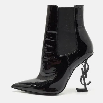 Pre-owned Saint Laurent Black Patent Leather Opyum Pointed Toe Ankle Boots Size 37