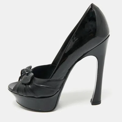 Pre-owned Saint Laurent Black Patent Leather Palais B 105 Peep Toe Bow Pumps Size 37.5