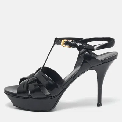 Pre-owned Saint Laurent Black Patent Leather Tribute Ankle Strap Sandals Size 38