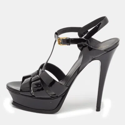 Pre-owned Saint Laurent Black Patent Leather Tribute Ankle Strap Sandals Size 38.5