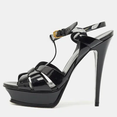 Pre-owned Saint Laurent Black Patent Leather Tribute Ankle Strap Sandals Size 40