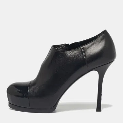 Pre-owned Saint Laurent Black Patent Leather Tribute Booties Size 37.5