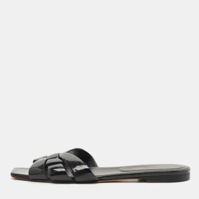 Pre-owned Saint Laurent Black Patent Leather Tribute Flat Sandals Size 38.5