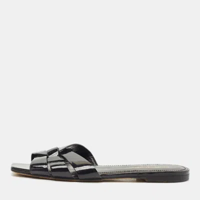 Pre-owned Saint Laurent Black Patent Leather Tribute Flat Slides Size 37