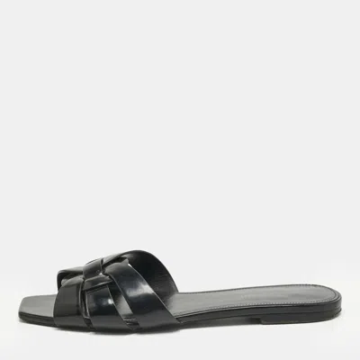 Pre-owned Saint Laurent Black Patent Leather Tribute Flat Slides Size 39