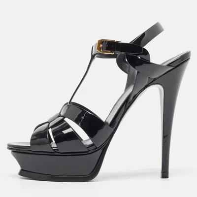 Pre-owned Saint Laurent Black Patent Leather Tribute Platform Ankle Strap Sandals Size 38