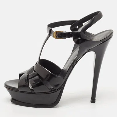 Pre-owned Saint Laurent Black Patent Leather Tribute Platform Ankle Strap Sandals Size 40