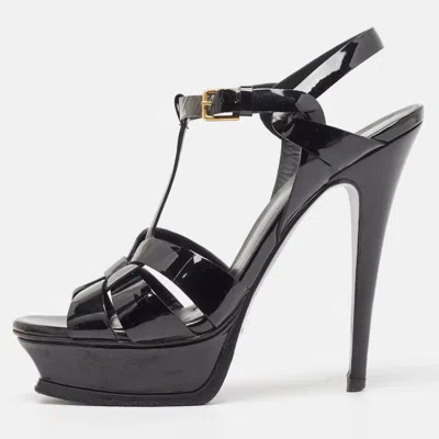 Pre-owned Saint Laurent Black Patent Leather Tribute Platform Sandals Size 37