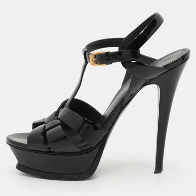 Pre-owned Saint Laurent Black Patent Leather Tribute Platform Sandals Size 38.5