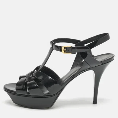Pre-owned Saint Laurent Black Patent Leather Tribute Platform Sandals Size 38.5