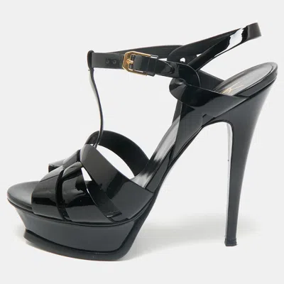 Pre-owned Saint Laurent Black Patent Leather Tribute Platform Sandals Size 38.5