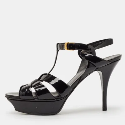Pre-owned Saint Laurent Black Patent Leather Tribute Platform Sandals Size 39
