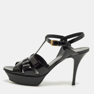Pre-owned Saint Laurent Black Patent Leather Tribute Platform Sandals Size 39.5