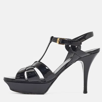 Pre-owned Saint Laurent Black Patent Leather Tribute Platform Sandals Size 40