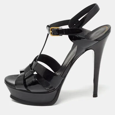 Pre-owned Saint Laurent Black Patent Leather Tribute Sandals Size 39