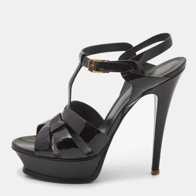 Pre-owned Saint Laurent Black Patent Tribute Ankle Sandals Size 37.5