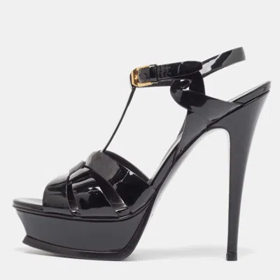 Pre-owned Saint Laurent Black Patent Tribute Sandals Size 38