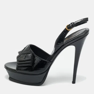Pre-owned Saint Laurent Black Patent Y Bow Platform Slingback Sandals Size 40
