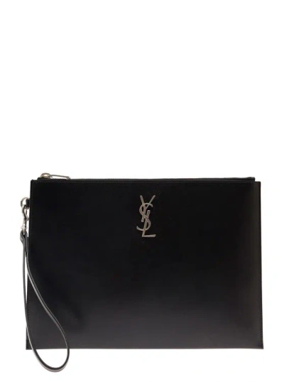 Saint Laurent Black Pouch With Metal Logo And Wrist Strap In Smooth Leather