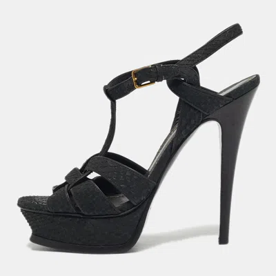 Pre-owned Saint Laurent Black Python Leather Tribute Ankle Strap Sandals Size 38