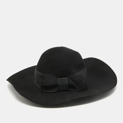 Pre-owned Saint Laurent Black Rabbit Felt Wide Brim Hat Size 58
