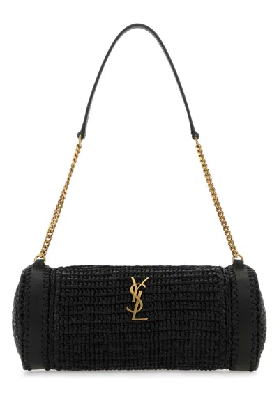 SAINT LAURENT BLACK RAFFIA AND LEATHER CASSANDRE SHOULDER BAG
