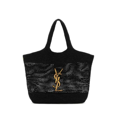 Saint Laurent Icare Maxi Embellished Raffia Tote In Black