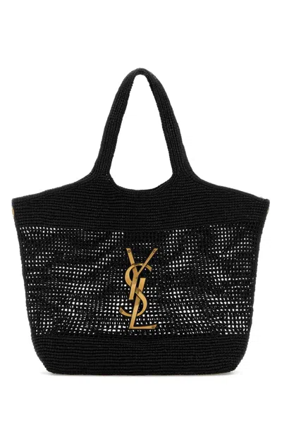 Saint Laurent Icare Maxi Embellished Raffia Tote In Black