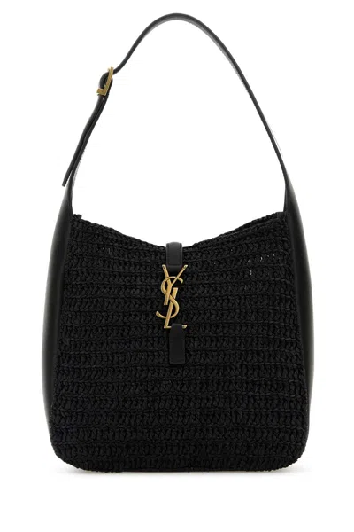 SAINT LAURENT BLACK RAFFIA SMALL LE 5 Ã  7 SHOULDER BAG