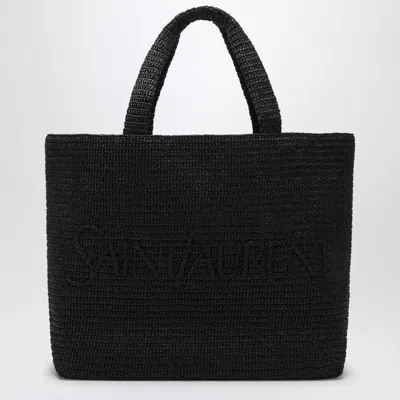 SAINT LAURENT SAINT LAURENT  BLACK RAFFIA TOTE BAG WITH LOGO