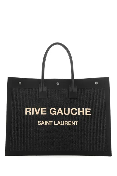 Saint Laurent Black Rafia And Canvas Rive Gauche Shopping Bag