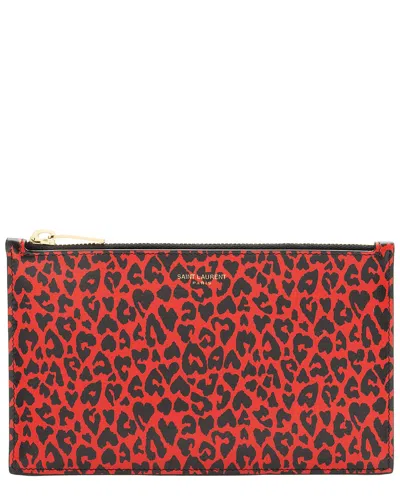 Saint Laurent Black, Red Calfskin Leopard Small Zip Pouch (authentic Pre-  Loved) In White