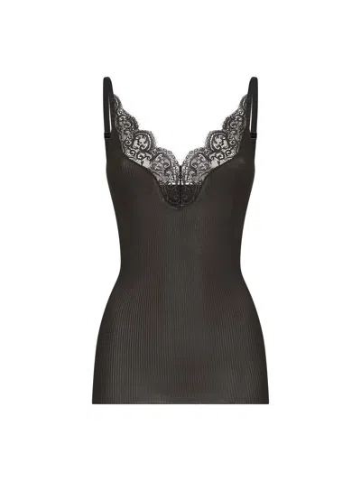 SAINT LAURENT BLACK RIBBED SILK JERSEY LACED TANK TOP