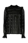 Saint Laurent Embroidered Crepe Blouse With Ruffles And Smocked Yoke In Black