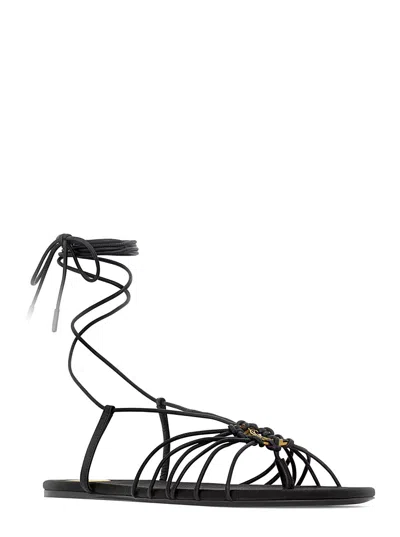 Saint Laurent Black Sandals With Cassandre Logo And Laces Around The Ankle In Leather Woman