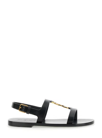 Saint Laurent Black Sandals With Metal Cassandre On The Front And Adjustable Strap In Leather Woman