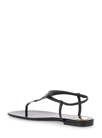 SAINT LAURENT BLACK SANDALS WITH METALLIC CASSANDRE DETAIL IN LEATHER WOMAN