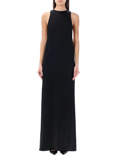 Saint Laurent Black Satin Back-tie Long Dress For Women