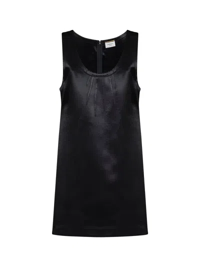 Saint Laurent Black Satin Cassandre Sheath Mini Dress