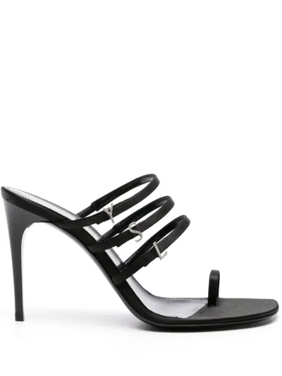 Saint Laurent Black Satin Crystal Embellished Square Open Toe Stiletto Heel Sandals