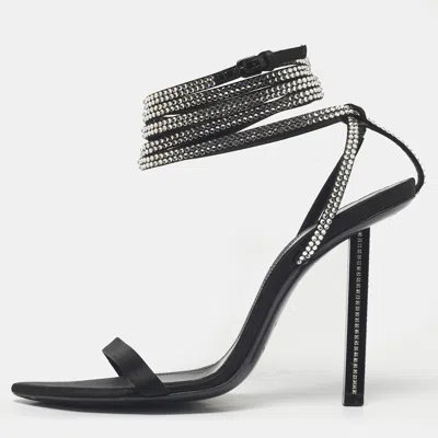 Pre-owned Saint Laurent Black Satin Georgia Ankle Strap Sandals Size 38