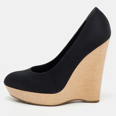 Pre-owned Saint Laurent Black Satin Maryna Platform Wedge Pumps Size 38