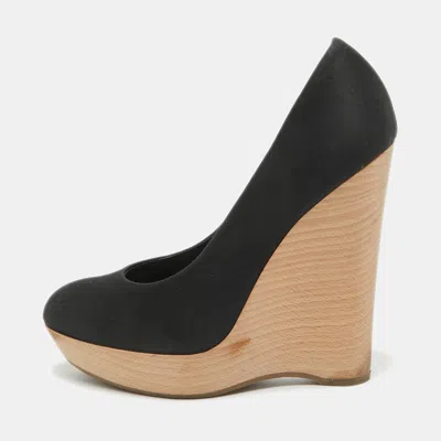 Pre-owned Saint Laurent Black Satin Maryna Wedge Pumps Size 37.5