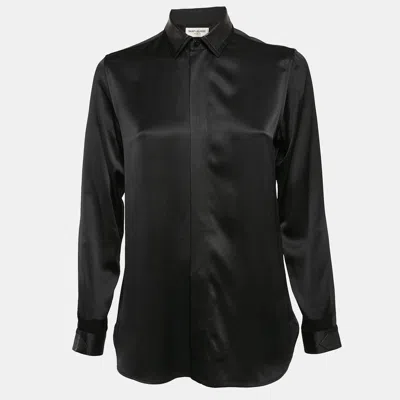 Pre-owned Saint Laurent Black Satin Silk Leather Trim Button Front Shirt M