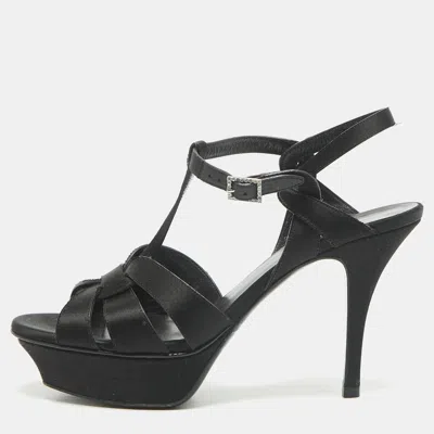 Pre-owned Saint Laurent Black Satin Tribute Ankle Strap Platform Sandals Size 37.5