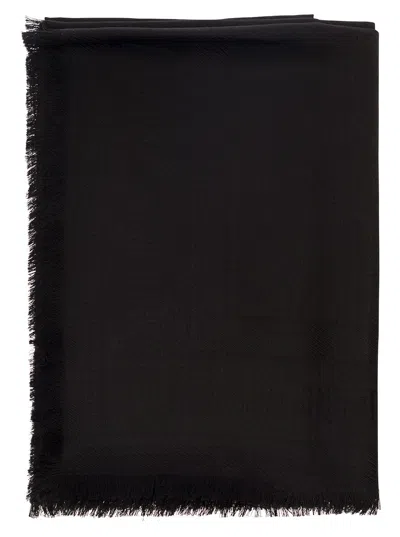 Saint Laurent Black Scarf With Jacquard Logo And Fringed Hem In Wool And Silk Man In Multicolor