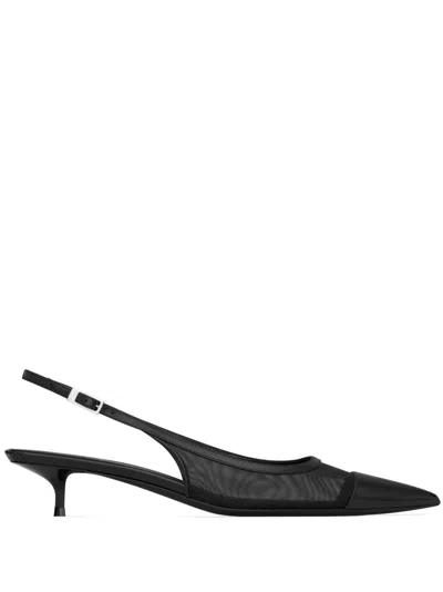 SAINT LAURENT SOPHISTICATED BLACK MESH AND LEATHER PUMPS FOR WOMEN | SS24 COLLECTION